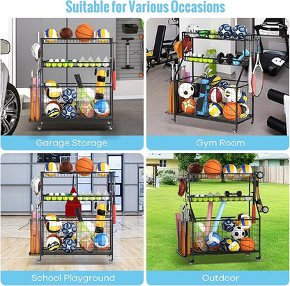 Sports Equipment Garage Organizer - Heavy Duty Garage Organization Ball Storage Rack with Basket, Hooks and Rolling Cart for Sports Gear and Toy Storage, Indoor/Outdoor Use, Black