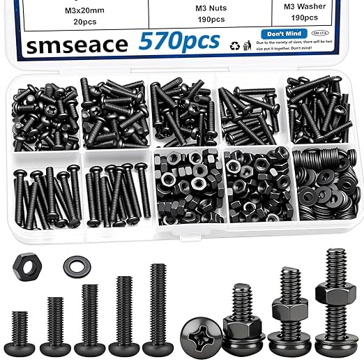 smseace 570Pcs Black M3 Screws with Nuts Assortment Kit Nuts M3x6/10/14/16/20mm 5-Sizes Bolt Washer Assortment Kit for Machinery, Furniture, Automotive,DIY, 3D Printer, Motorcycle Repairs
