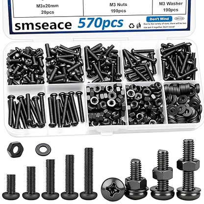 smseace 570Pcs Black M3 Screws with Nuts Assortment Kit Nuts M3x6/10/14/16/20mm 5-Sizes Bolt Washer Assortment Kit for Machinery, Furniture, Automotive,DIY, 3D Printer, Motorcycle Repairs