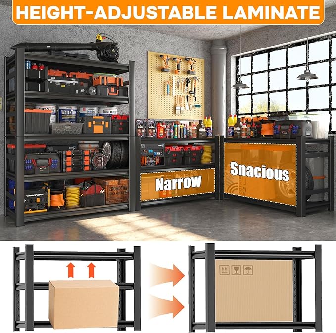 72" H Metal Garage Shelving Unit 3000LBS Heavy Duty Storage Shelves 5 Tier Adjustable Metal Shelf for Garage Kitchen Warehouse Pantry Basement, 72" H*36" W*14" D, Black