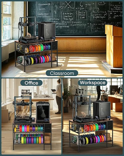3D Printer Table with Filaments Storage - 3D Printer Stand Filament Storage Rack Heavy Duty 3D Printer Desk with Drawer for Workshop Studio Office (Brown)
