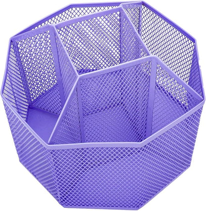Annova Mesh Desk Organizer Rotate with 5 Compartments Spinning Tidy Candy/Pen Holder Office, Art Supply, Storage, Classroom, Home (Purple)