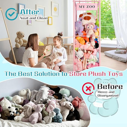 Stuffed Animal Storage Zoo with Wheels, Wooden Stuffed Animal Organizer with Elastic Cords, Space Saving Toy Plushies Storage Holder for Playroom, Bedroom, Living Room(Pink, Large)