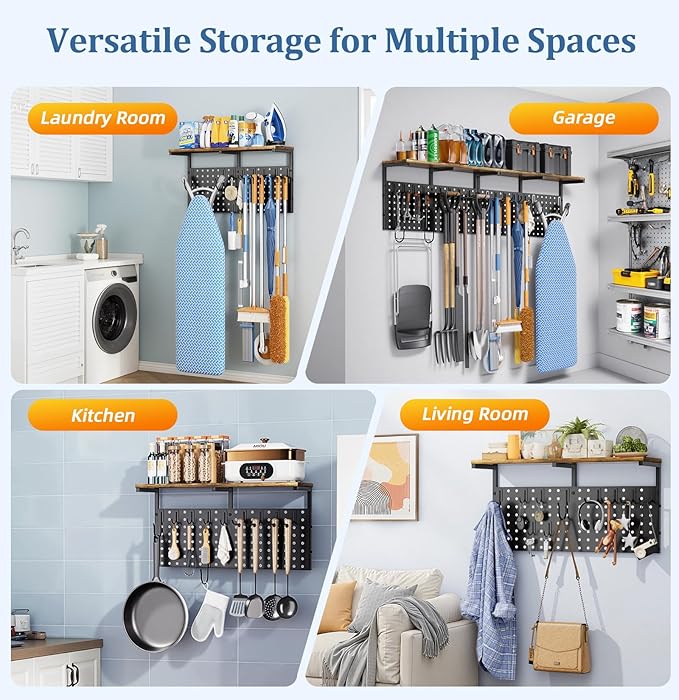 Ironing Board Hanger Wall Mount, Large Storage Iron and Ironing Board Holder, Laundry Room Storage Shelves with Ironing Board Broom Mop Holder, Laundry Accessories Organization and Storage Organizer