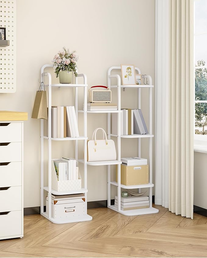6 Tiers Vertical Shoe Rack, Narrow Shoe Tower, Tall Shoes Shelf with 2 Hooks, Adjustable Shelves, Corner Shoes Shelves for Small Spaces, Entryway, Living Room, White SR04213W