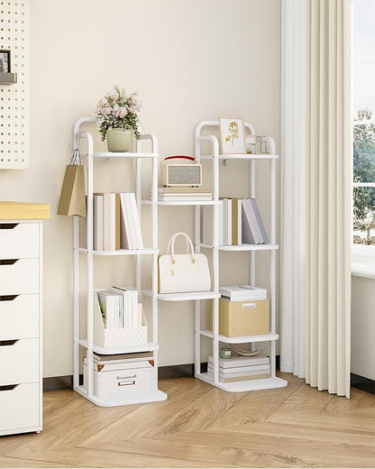 6 Tiers Vertical Shoe Rack, Narrow Shoe Tower, Tall Shoes Shelf with 2 Hooks, Adjustable Shelves, Corner Shoes Shelves for Small Spaces, Entryway, Living Room, White SR04213W