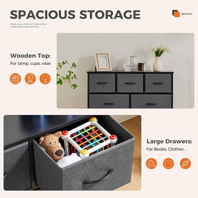 Sweetcrispy 9 Drawer Fabric Dresser Tall Chest Storage Organizer Tower with Cabinet Metal Frame and Wood Top Lightweight Closet Furniture for Bedroom,Charcoal Grey