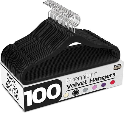 Utopia Home Velvet Hangers 100 Pack – Luxury Non-Slip Slim Pant & Coat Hangers, Strong Space-Saving Clothes Hangers with Pants Bar and 360° Swivel Hook – Black