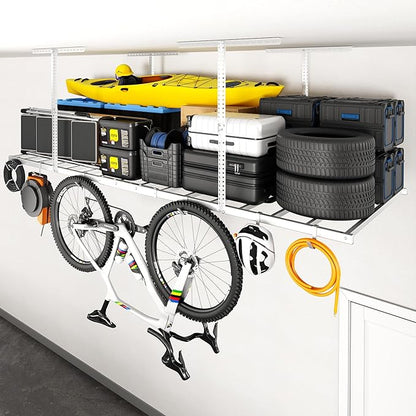 FLEXIMOUNTS 4x8 Overhead Garage Storage Rack with 6 Hooks, Adjustable Storage Organization System, Heavy-Duty Metal Ceiling Racks, 22.6" -39.4" Ceiling Dropdown, Lite Series