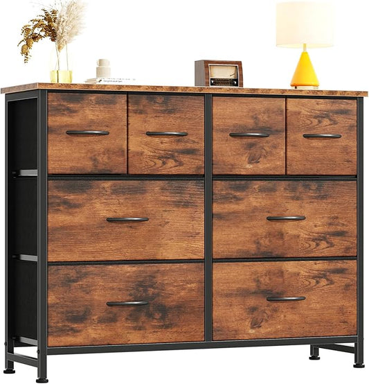 DUMOS TV Stand, Dresser with 8 Fabric Drawers, Spacious Storage Tower for Closet, TV Stand with Wood Top and Mental Frame, Storage Unit for Living Rooms, Bedroom and Entryway, Brown