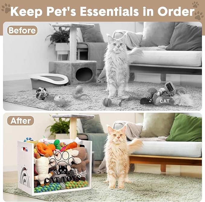 Large Cat Toy Basket Cat Toy Box Wooden Storage Bin with Acrylic Board Storage Box for Puppy Toys Pet Food and Accessories Organizer Holder Basket for Living Room Area(White, Cat)