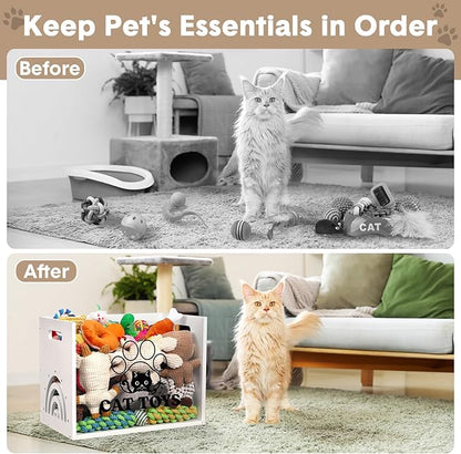 Large Cat Toy Basket Cat Toy Box Wooden Storage Bin with Acrylic Board Storage Box for Puppy Toys Pet Food and Accessories Organizer Holder Basket for Living Room Area(White, Cat)