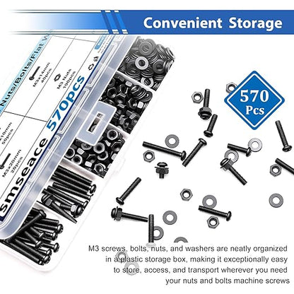 smseace 570Pcs Black M3 Screws with Nuts Assortment Kit Nuts M3x6/10/14/16/20mm 5-Sizes Bolt Washer Assortment Kit for Machinery, Furniture, Automotive,DIY, 3D Printer, Motorcycle Repairs