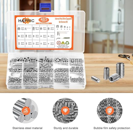 485 Pcs 304 Stainless Steel Set Screws 14 Size Set Screw Assortment Kit M3/M4/M5/M6/M8 Head Socket Hex Metric Cup-Point Screws