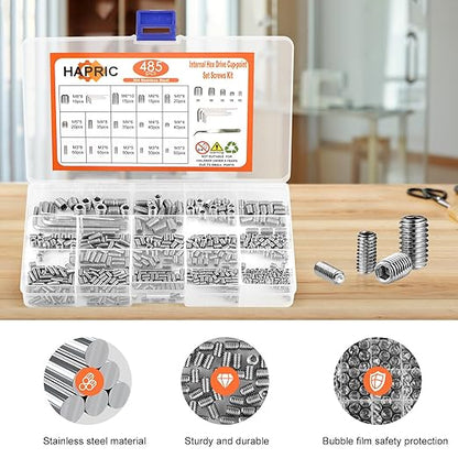 485 Pcs 304 Stainless Steel Set Screws 14 Size Set Screw Assortment Kit M3/M4/M5/M6/M8 Head Socket Hex Metric Cup-Point Screws