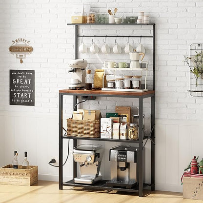 kitchen Bakers Rack with Power Outlet, Coffee Bar Table 4 Tiers, Microwave Stand with 6 S-shaped Hooks, Kitchen Storage Shelf Rack for Spices, Pots and Pans，25.6" L x 12" W x 53.5" H