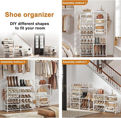 WOWLIVE 9 Tiers White Shoe Rack for Closet Shoe Rack Storage Organizer for Entryway 30-35 Pairs Stackable Shoe Shelf for Front Entrance Metal Pipes with Plastic Connectors