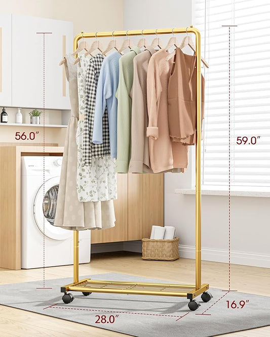 Clothes Rack - Clothing Rack with Storage Mesh Shelf & Casters, Heavy-Duty Metal Clothing Rack for Hanging Clothes, Dresses, Coats, Large Load Capacity, Easy Assembly, Gold, 28.0"x16.9"x59.0"