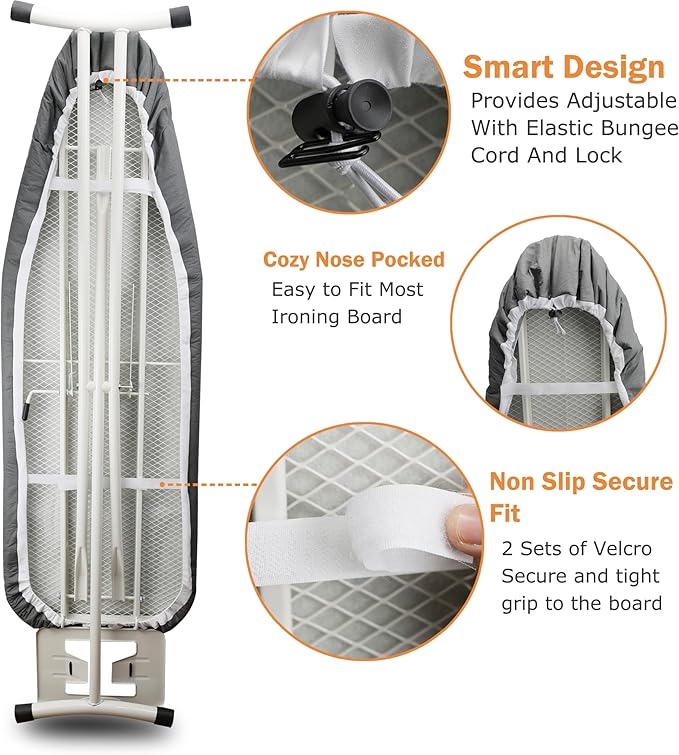 Ruibo Ironing Board Cover and Pad Extra Thick Heavy Duty Padding 4 Layers, Scorch and Stain Resistant,Elastic Edge Fit Standard Size 15x54 Inch/Black