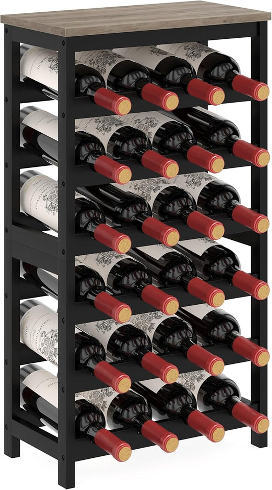 6 Tier Bamboo Wine Rack Freestanding Floor, 24 Bottles Wine Storage Shelves with Table Top, Stackable Wine Display Rack for Kitchen, Bar, Dining Room, Ivory White and Black