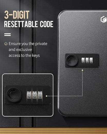 Uniclife 20 Position Key Cabinet with Combination Lock Resettable Black Digital Security Storage Box Steel Key Organizer with Colorful Key Tag Labels Stickers and Hooks