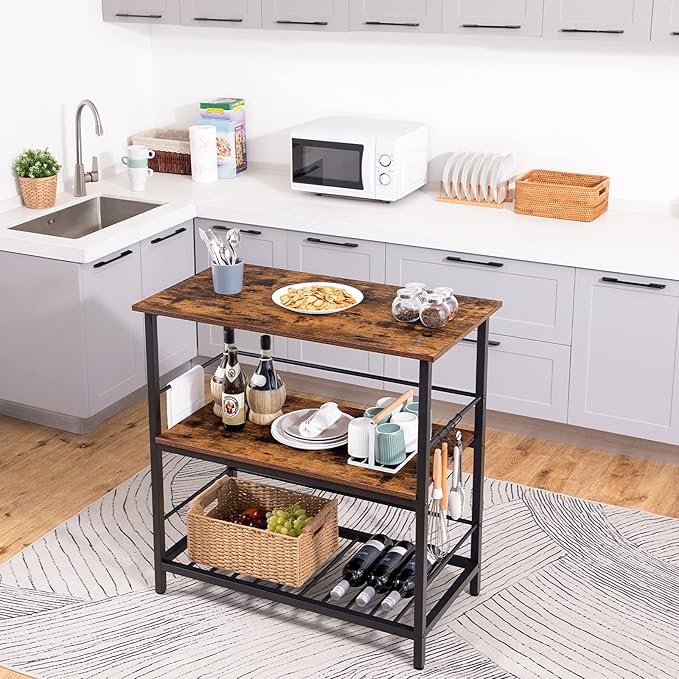 HOOBRO Kitchen Island with Wine Rack, Industrial Island Counter with Hooks and Protective Rails, 3 Tier Kitchen Shelf with Large Workstation, Easy Assembly, Rustic Brown BF02ZD01
