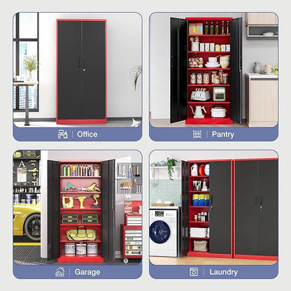 Metal Garage Storage Cabinet with Lock,72 Inch Tall Cabinet with 2 Doors and 5 Adjustable Shelves,Steel Storage Cabinets for Garage,Home Office,Pantry,School(Red & Black)