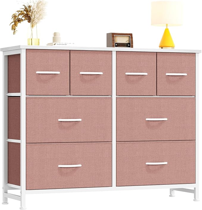 DUMOS TV Stand, Dresser with 8 Fabric Drawers, Spacious Storage Tower for Closet, TV Stand with Wood Top and Mental Frame, Storage Unit for Living Rooms, Bedroom and Entryway, Pink