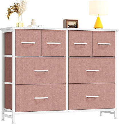 DUMOS TV Stand, Dresser with 8 Fabric Drawers, Spacious Storage Tower for Closet, TV Stand with Wood Top and Mental Frame, Storage Unit for Living Rooms, Bedroom and Entryway, Pink