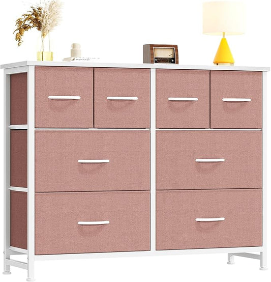 DUMOS TV Stand, Dresser with 8 Fabric Drawers, Spacious Storage Tower for Closet, TV Stand with Wood Top and Mental Frame, Storage Unit for Living Rooms, Bedroom and Entryway, Pink