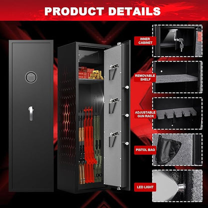 8-12 Gun Cabinet, Gun Safe for Rifles and Pistols, Electronic Rifle Safes for Home, Long Gun Cabinet for Shotgun, Large Gun Locker with Adjustable Shelf, Dual Alarm & Mute System, Quick Access