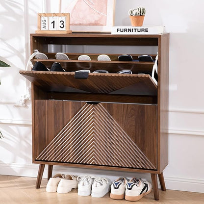 Shoe Cabinet Storage, Farmhouse Freestanding Organizer with 2 Flip Drawers and 4 Wooden feet, Narrow Shoe Rack Cabinet for Entryway, Foyer, Hallway, Walnut