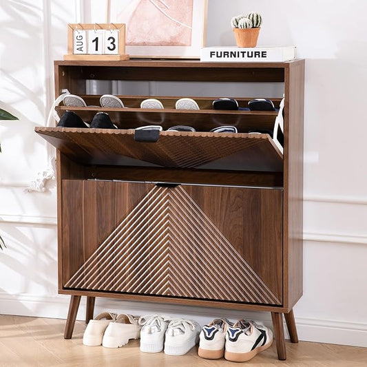 Shoe Cabinet Storage, Farmhouse Freestanding Organizer with 2 Flip Drawers and 4 Wooden feet, Narrow Shoe Rack Cabinet for Entryway, Foyer, Hallway, Walnut