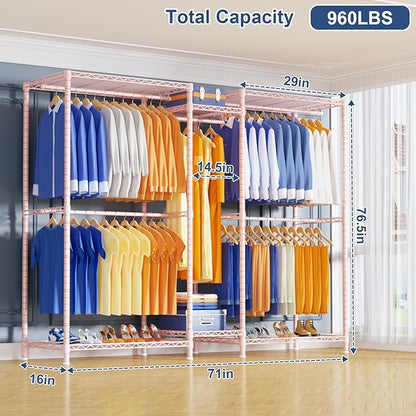 Ulif E12 Clothes Rack，Heavy Duty Freestanding Garment Rack with Shelves，Metal Clothing Closet Storage System for Hanging Clothes，71" W x 16" D x 76.5" H, Hold 960 lbs，Pink
