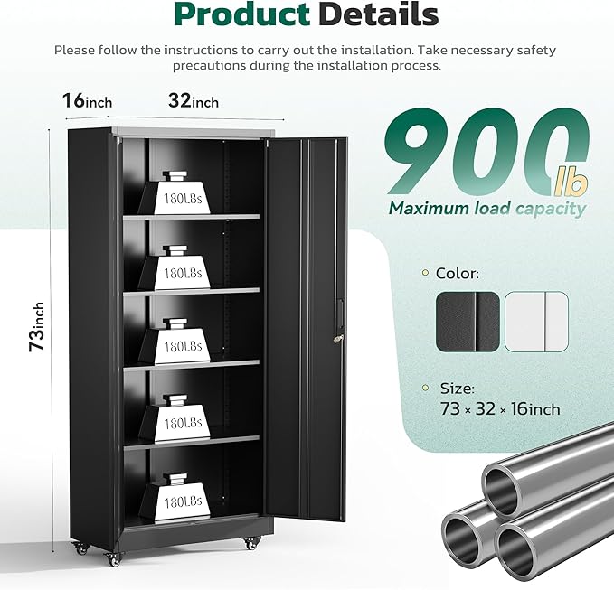 Greenvelly 73" Storage Cabinet with Wheels,Metal Rolling Garage Cabinet with Locking Doors and 4 Adjustable Shelves for Home,Kitchen,Office,Warehouse(32" W x 16" D)