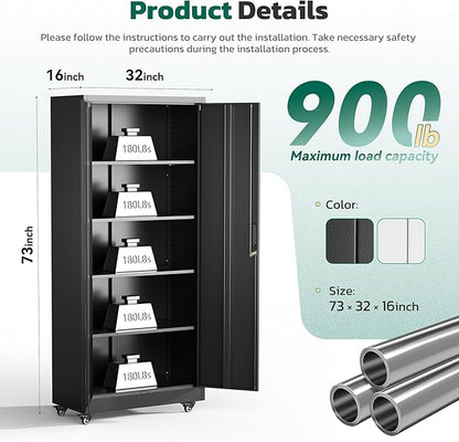 Greenvelly 73" Storage Cabinet with Wheels,Metal Rolling Garage Cabinet with Locking Doors and 4 Adjustable Shelves for Home,Kitchen,Office,Warehouse(32" W x 16" D)