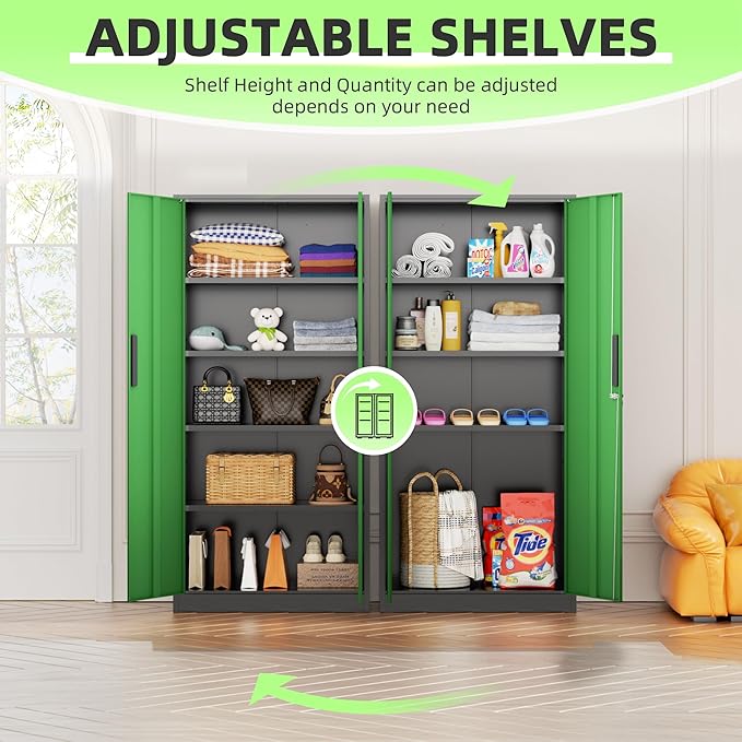 Bonusall 72" Metal Garage Storage Cabinet， Heavy-Duty Steel Cabinet with 2 Locking Doors & 5 Adjustable Shelves for Home, Office, or Workshop Organization(Black Green)