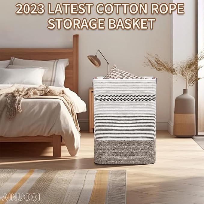 Laundry Hamper - Tall Woven Rope Laundry Basket - Clothes hamper with Leather Handles, 17" X 13.8" X 22", Blanket Storage Basket for Living Room, Rice Brown & White