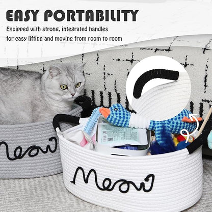 Sea Team Cat Toy Storage Basket with Handles, 16.5 x 11 x 7 Inches, 4.4 Gallons Large Cotton Rope Storage Bin, Shelf Basket, Organizer for Pet Chew Toys, Foods, White Meow