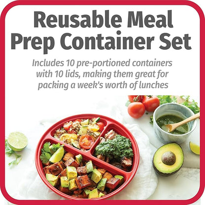 GoodCook Meal Prep Containers Set Microwave & Dishwasher-Safe Round Food Organizers with Labeled Compartments BPA-Free Food Storage Set with Snap Shut Lids Portion Control, 10-Pieces, Red