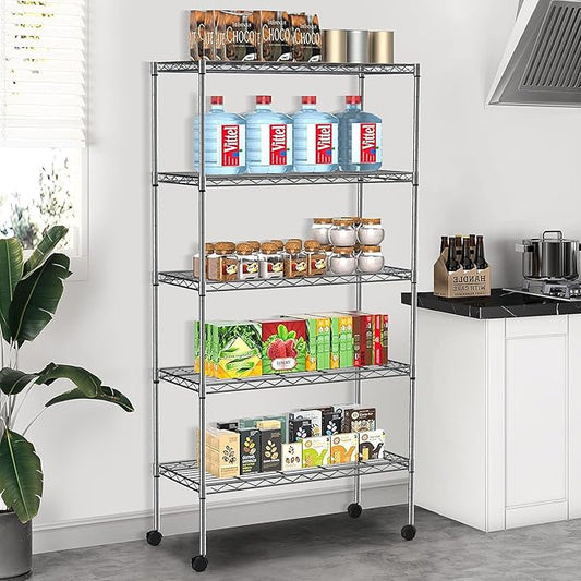 5-Tier Wire Shelves 61" H x 30" x 14" Metal Storage Shelves Adjustable Wire Shelving Rack with Wheels & Leveling Feet NSF Metal Shelf Unit for Kitchen Pantry, 1200Lb Capacity, Chrome