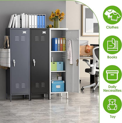 Lockable Metal Lockers with Handle,Metal Storage Locker with 2 Pegboard & 5 Hooks for Home,Office,School,White,Required Assembly,White