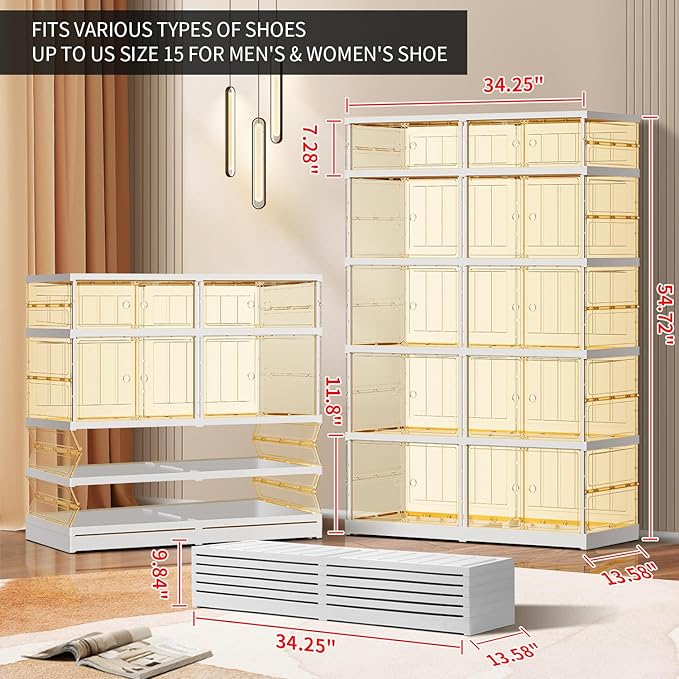 5-Tier Foldable Shoe Rack for Closet Entryway 10-20Pairs,Stackable Clear Shoe Storage Boxes Organizer with Door Plastic Shoe Cabinet Bins with Lids Shoes Shelf Easy Assembly Large