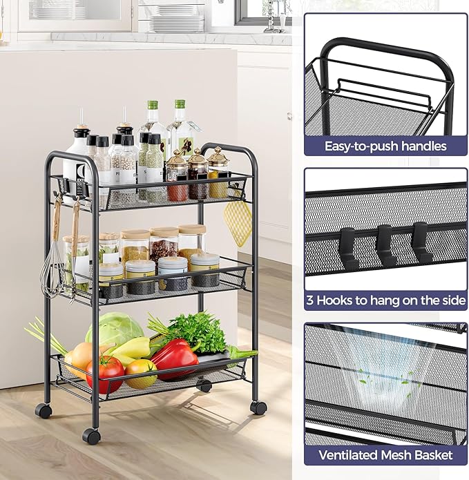 Metal Rolling Utility Cart, 3-Tier Mesh Wire Storage Trolley with Easy Assembly, Organizer Craft Cart 3 Hooks, Mobile Shelving Unit for Kitchen, Bathroom, Laundry Room, and Home