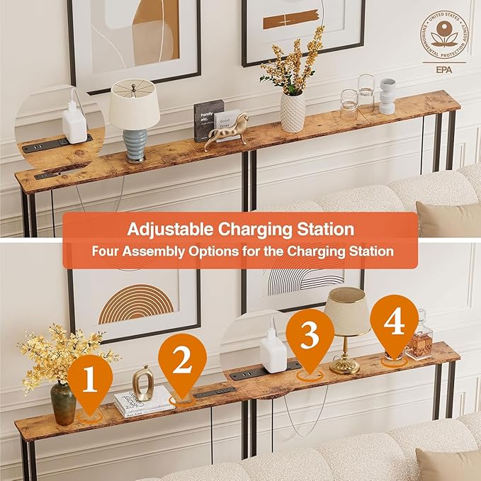 78" Narrow Console Sofa Table with Power Outlets & 2 USB Ports, Metal Frame, Rustic Brown, Perfect for Hallway, Office, and Behind Sofa - Easy Assembly, 4.9' Extension Cord Included