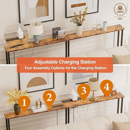 63" Sofa Table Narrow Long - Power Outlets & 2 USB Ports, Metal Frame,Behind Couch Table Behind Sofa for Living Room, Hallway, Entrance- Easy Assembly, 4.9' Extension Cord Included.