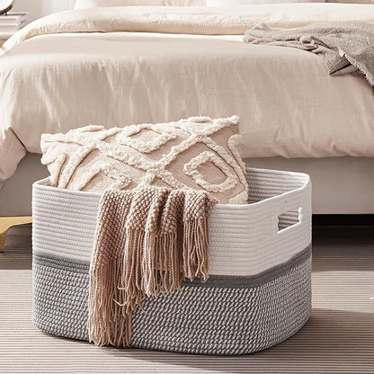 OIAHOMY Large Blanket Basket, 22”x17”x12” Rectangle Woven Baskets, Nursery Blanket Storage Living Room, Toy Storage With Handle, Large Baskets for Organizing-Grey/White