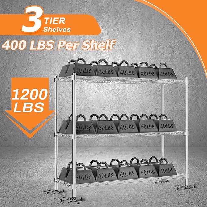 Storage Shelves Heavy Duty, 45" W x 20" D x 47" H Garage Wire Shelving Unit Loads 1200LBS, 3-Tier Adjustable Metal Industrial Utility Shelf Rack for Kitchen, Laundry Room, Pantry, Warehouse, Basement