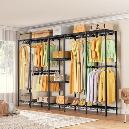 Heavy Duty Garment Rack Clothes Rack,Large Metal Closet Organizer System Storage Wardrobe,Freestanding Clothing Rack with Adjustable Wire Shelves& Hang Rods,MaxLoad 1100lbs