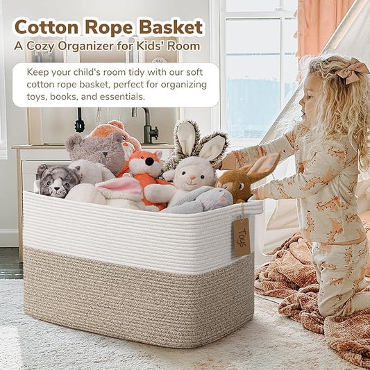 Goodpick Woven Storage Basket, 22”x17”x12” Large Blanket Storage for Living Room, Rope Baskets for Organizing, Rectangle Nursery Toy Box With Handles, Brown and White